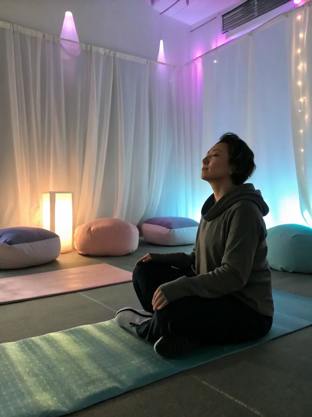 A person meditating peacefully, representing improved mental health and emotional regulation.