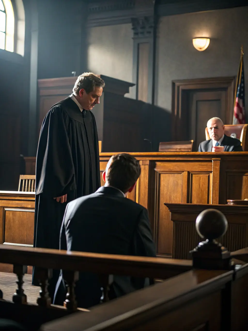 A courtroom scene with a DNA helix graphic subtly displayed, representing legal applications. The image should convey the use of genetic data in legal contexts.