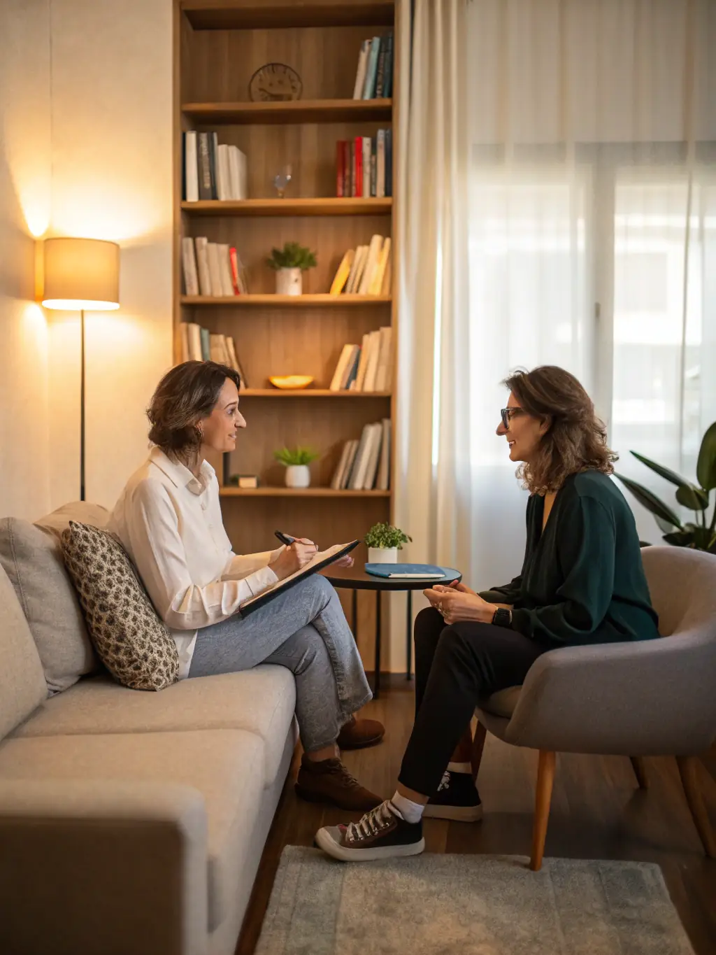 A person in a therapy session, with a therapist listening attentively, representing behavioral health management. The scene should convey trust and support.