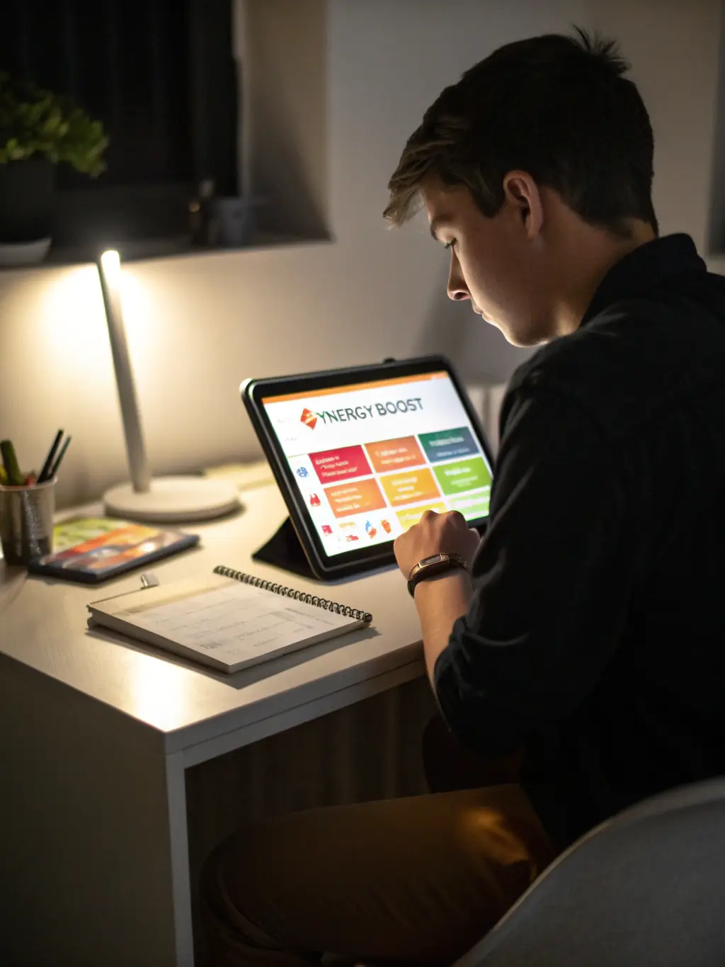 A person reviewing a personalized nutrition plan with supplement recommendations, representing personal neuronutrient planning. The scene should be informative and empowering.